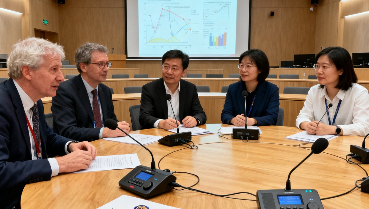 一间现代化大学报告厅内，几位外籍学者与中国研究人员围坐在圆桌旁进行学术交流，桌上摆放着同声传译设备和印有巴比伦贵宾会标识的会议资料，背景是投影屏幕上的学术图表