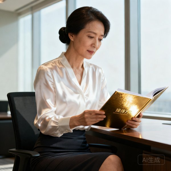 巴比伦贵宾会运营副总裁陈素菲女士，四十岁左右，长发挽成低发髻，身着白色丝质衬衫和深色铅笔裙，坐在办公桌前审阅一份烫金封面的接待方案，背景是明亮的落地窗