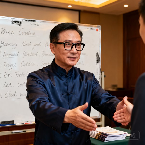 巴比伦贵宾会礼宾培训总监张维先生，四十五岁左右，戴着一副黑框眼镜，穿着深蓝色中式立领衬衫，在培训教室中向学员展示外交握手礼仪的标准姿势，白板上写满了英文术语